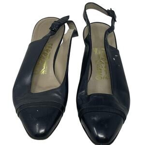 Women’s 6.5B Salvatore Ferragamo Slingback Heels Black Leather Vintage Preppy